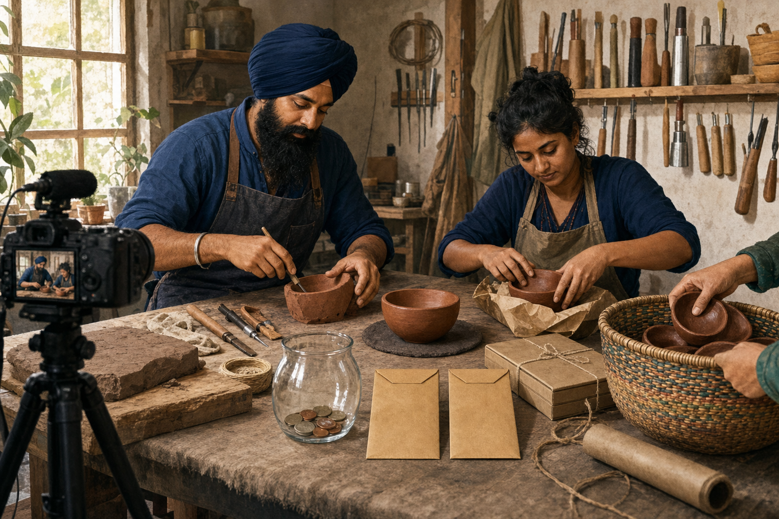 A turbaned creator films a workshop demonstration with raw materials, tools, finished goods, plain packaging, coins, payment envelopes, and a collaborator visible.
