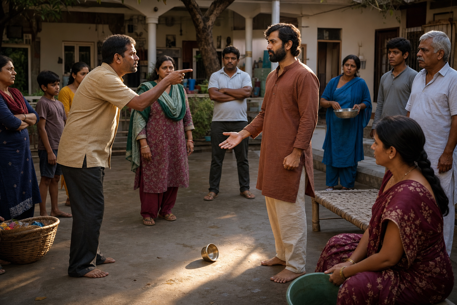 A practitioner pauses with one hand tense and the other relaxed while facing criticism in a crowded courtyard.