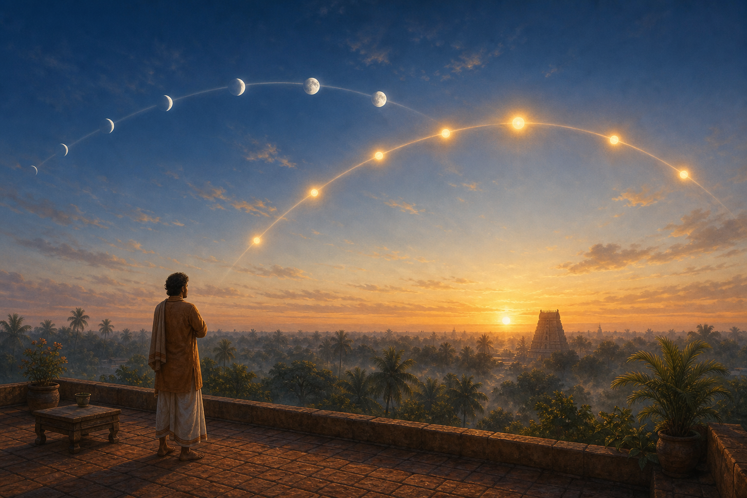 An observer on a rooftop looks toward the horizon beneath pictorial arcs representing the separate movements of the Sun and Moon.
