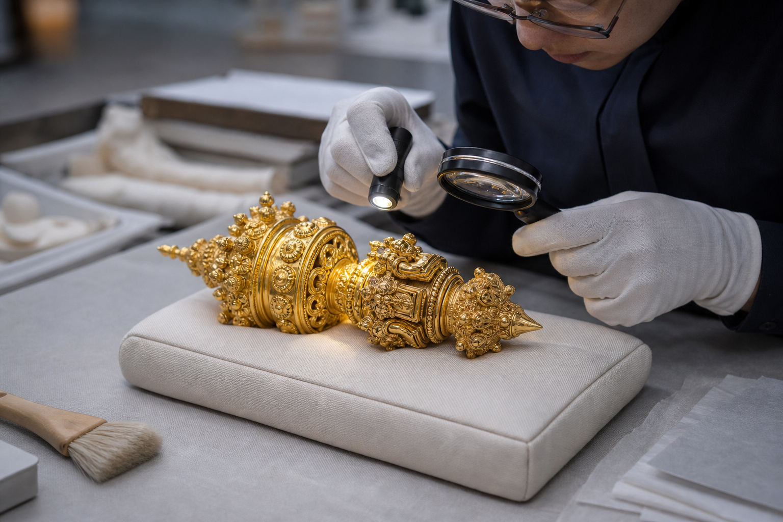 A gloved conservator examines a gold-finished temple ornament resting on a padded support with preservation tools nearby.