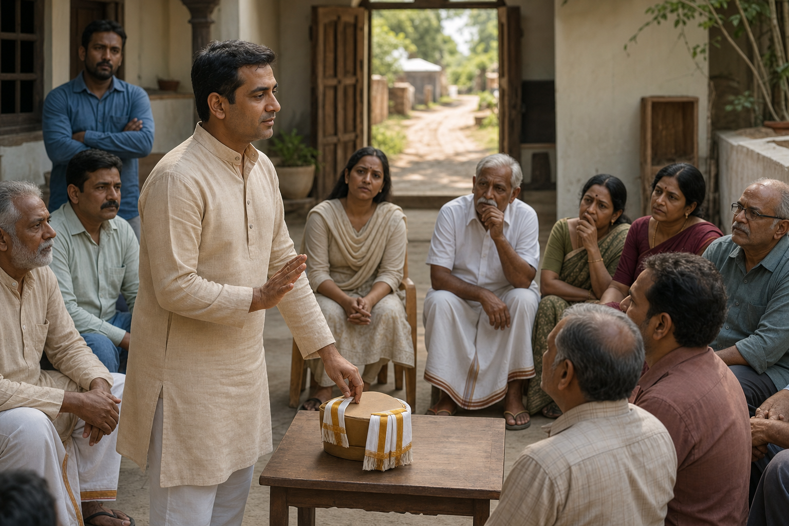 A composed person addresses a semicircle of elders and colleagues while returning a token of office on a table.
