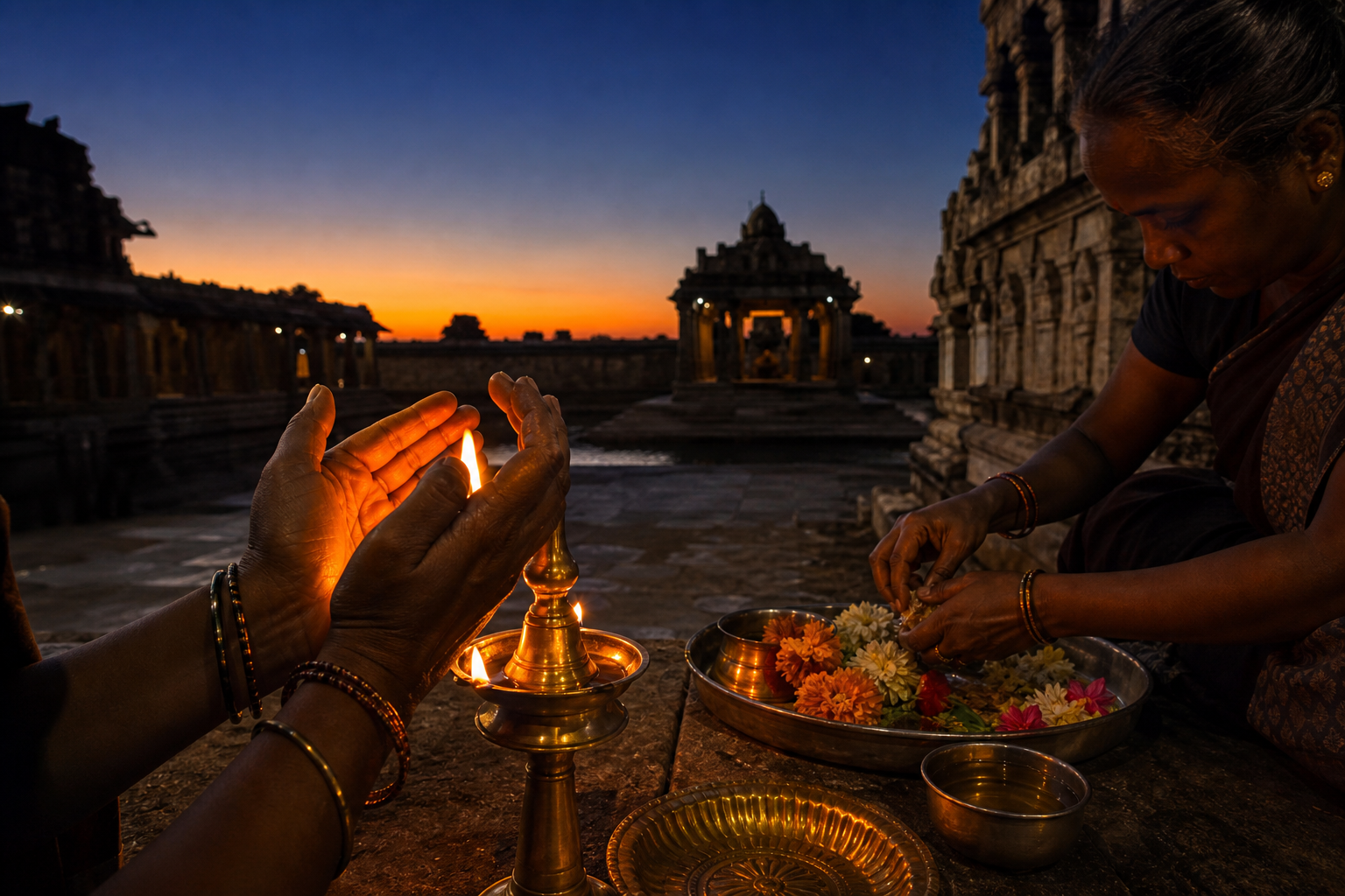 Hands light a brass oil lamp in a South Indian temple courtyard during the narrow amber light of evening twilight.