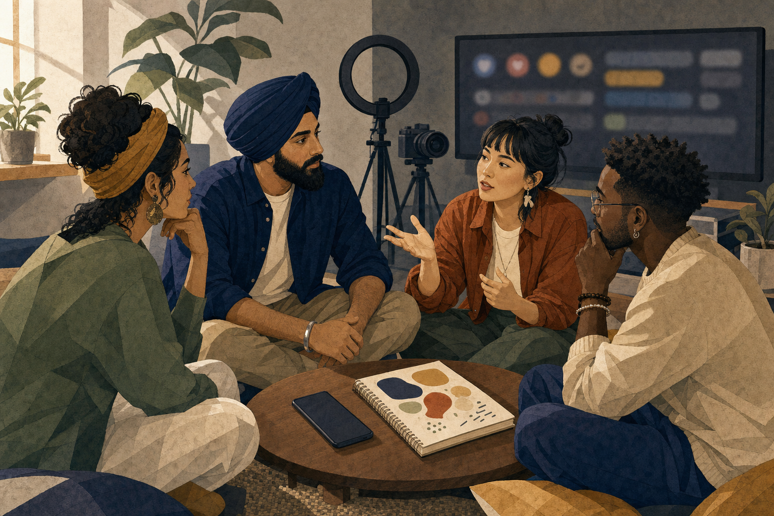 A Sikh creator listens to three peers in a studio with the ring light off, a phone face down, and abstract engagement graphics fading on a monitor.