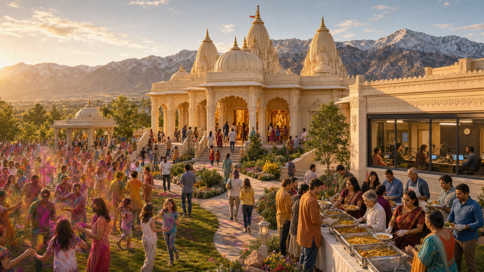 A Hindu temple in Utah surrounded by a colored-powder festival, community meal service, worshippers, and a small radio studio.