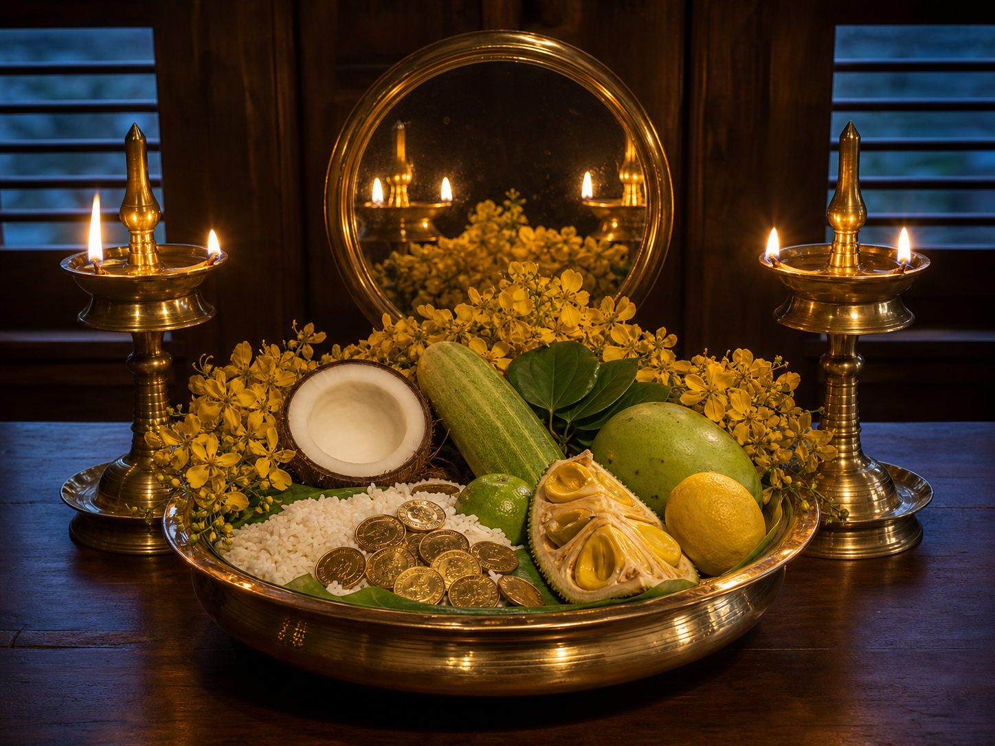 A Vishukkani-inspired arrangement of yellow flowers, rice, fruit, vegetables, coins, a metal mirror, and glowing brass lamps in a Kerala home before dawn.