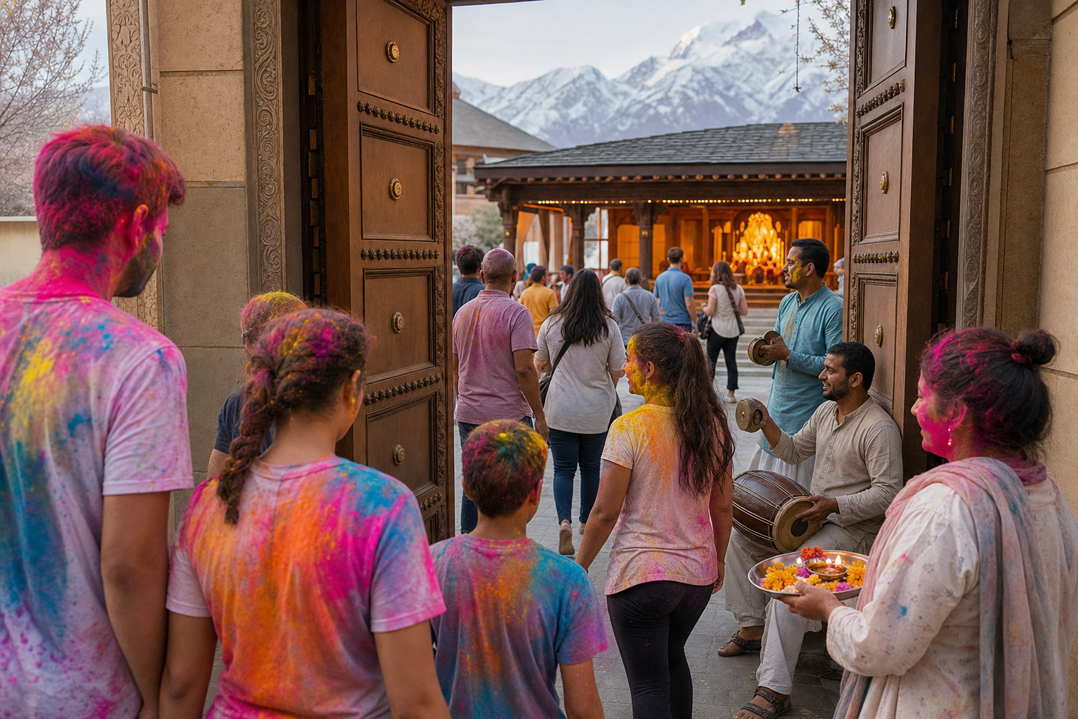 Festival attendees covered in colored powder walk through a temple gateway toward volunteers and devotional musicians in a courtyard.