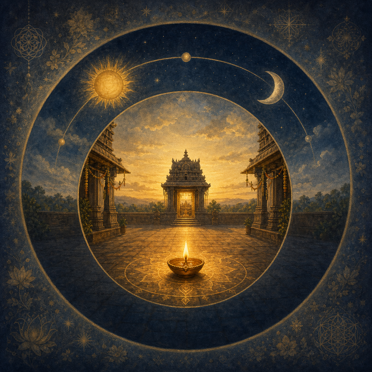 A central oil lamp is surrounded by nested layers showing a local horizon, Sun and Moon motifs, and faint decorative celestial symbols.