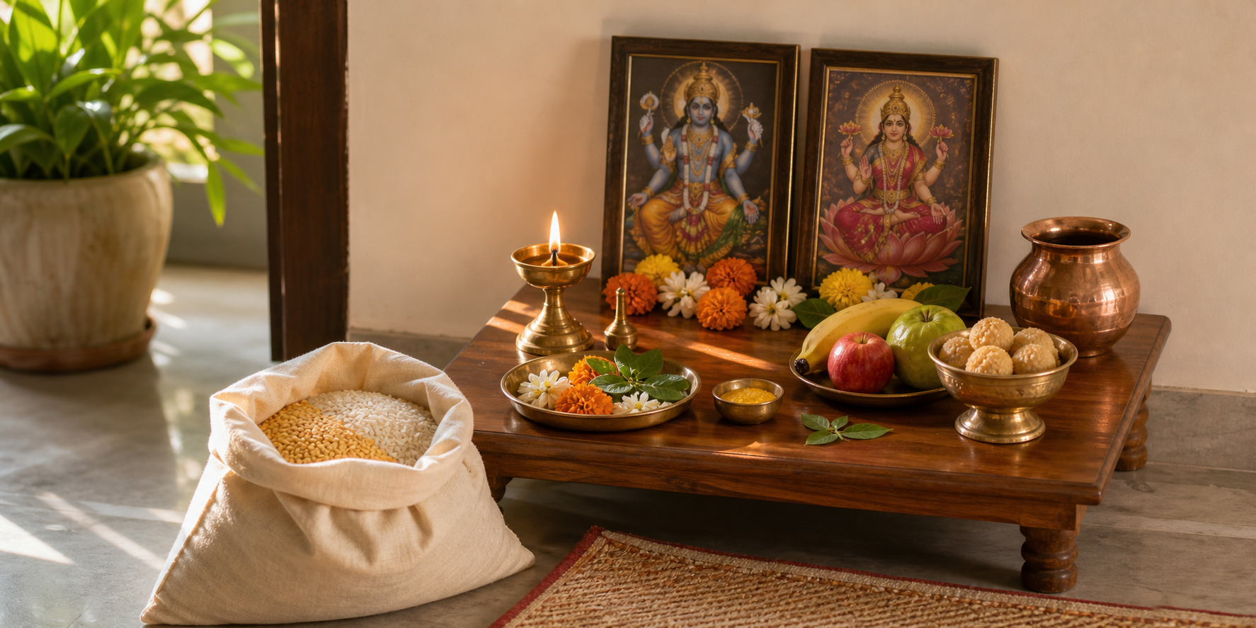 A simple home altar with a lit brass lamp, flowers, sacred images, fruit, sweets, and a bag of rice and lentils prepared for donation.