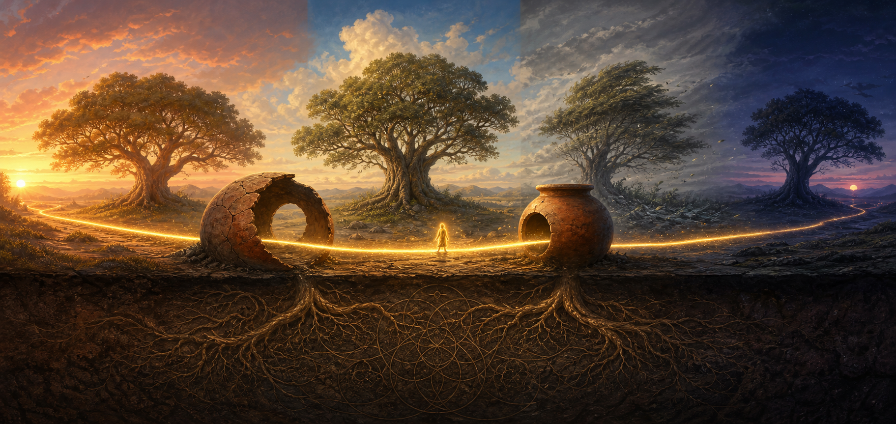 A luminous figure follows an unbroken golden path through an old clay vessel toward a new one, while an ancient tree stands through changing light and weather.