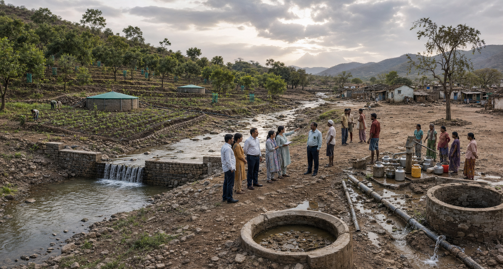 Residents and local officials inspect a drought-stressed watershed where water-saving infrastructure supports one area while another faces dry wells and leaking pipes.