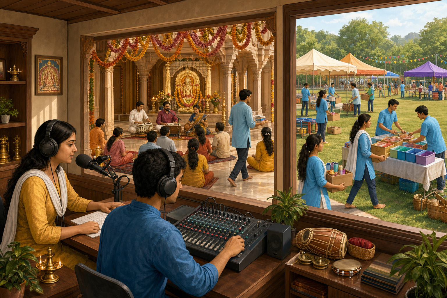 A radio studio, temple worship hall, and outdoor festival preparations appear as connected parts of one community complex.