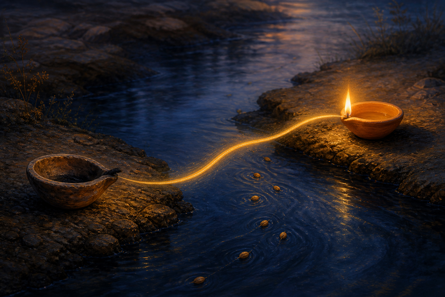 A golden ribbon of light crosses a dark river from a weathered clay lamp to a newly glowing lamp, with small seeds drifting in the water.