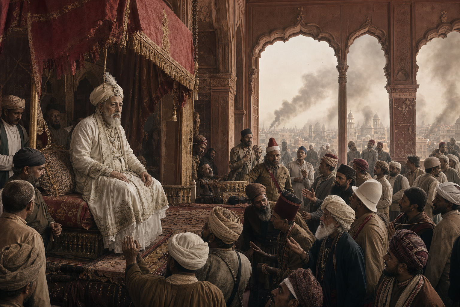 An elderly Bahadur Shah Zafar sits beneath a Mughal canopy in the Red Fort as sepoys, courtiers, and civilians gather around him and smoke rises over Delhi.