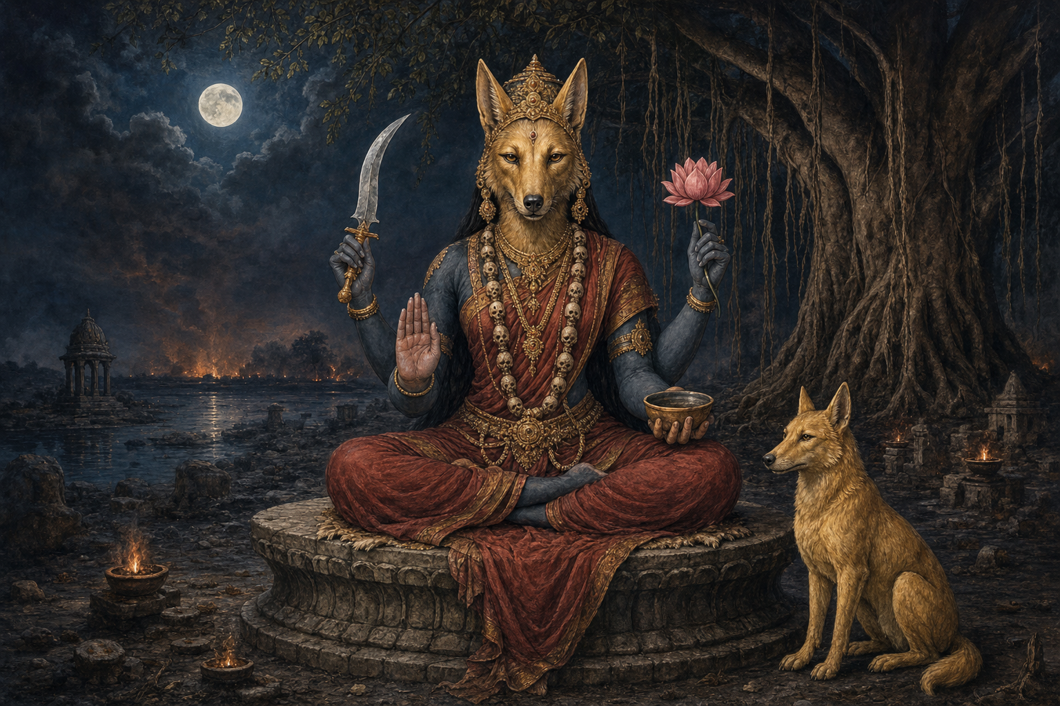 Editorial illustration of a jackal-faced multi-armed Goddess seated on a stone pedestal in a moonlit cremation-ground setting, with a golden jackal nearby.