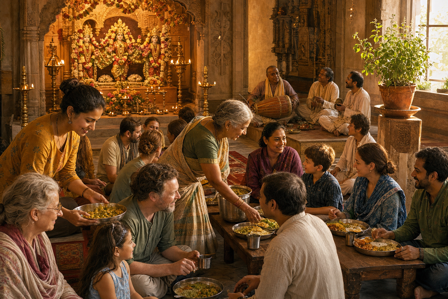 Volunteers serve a vegetarian meal to guests in a temple hall where a garlanded shrine, lamps, musicians, and a tulsi plant remain visible.