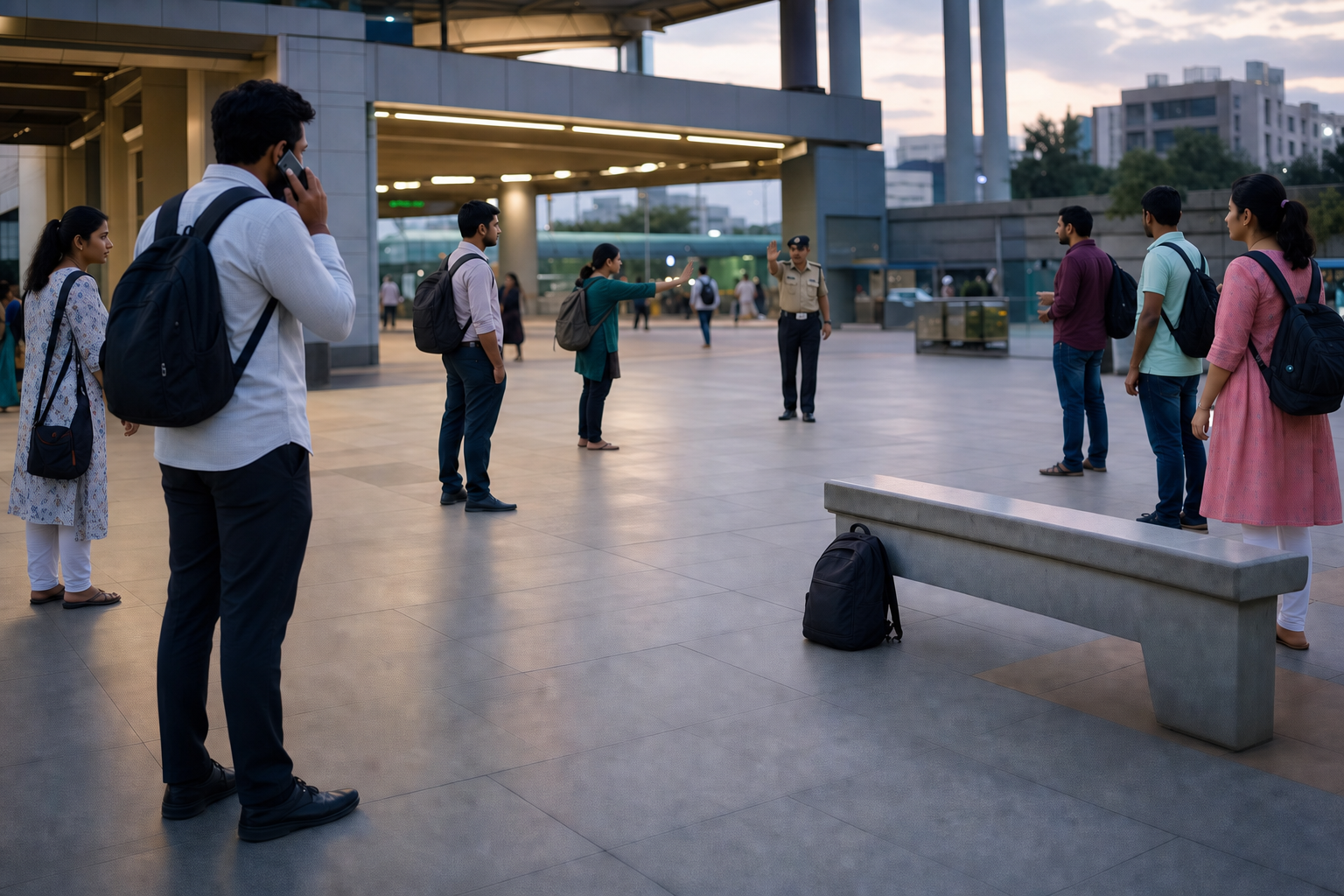 Commuters keep their distance from an unattended backpack in an Indian transit plaza while a security officer clears the area.