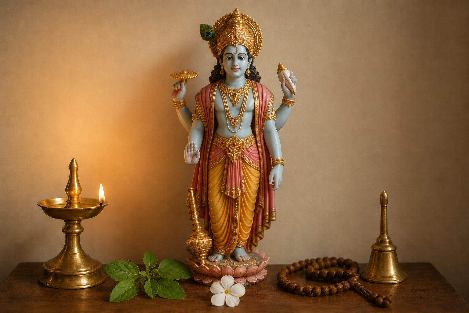 A focused home altar with one representation of Vishnu, a lit lamp, tulsi leaves, a flower, prayer beads, and a bell.