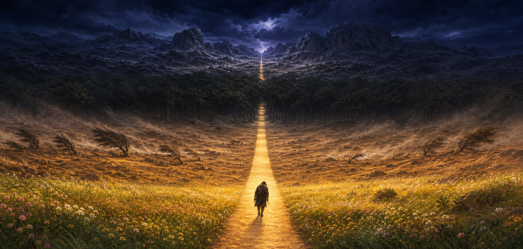 A lone traveler follows the same glowing path through a meadow, dry winds, a shadowed forest, and stormy rocks.