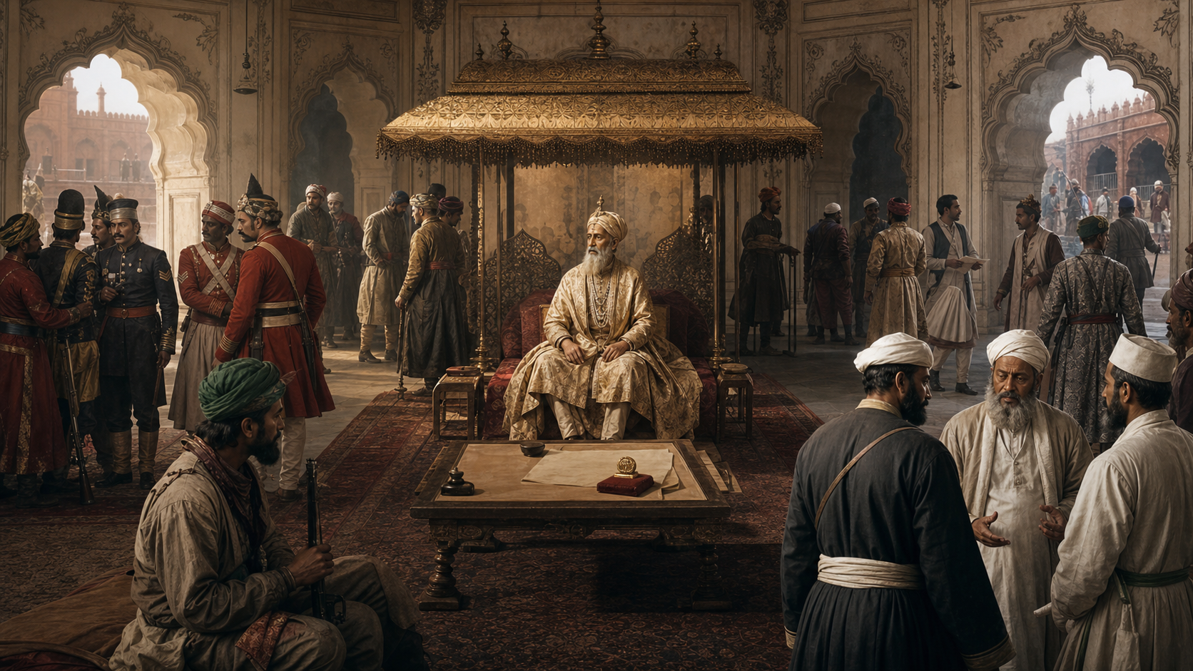 Bahadur Shah Zafar receives several separate rebel delegations in a Mughal audience hall while messengers and officers move around an imperial seal and an unmarked map.
