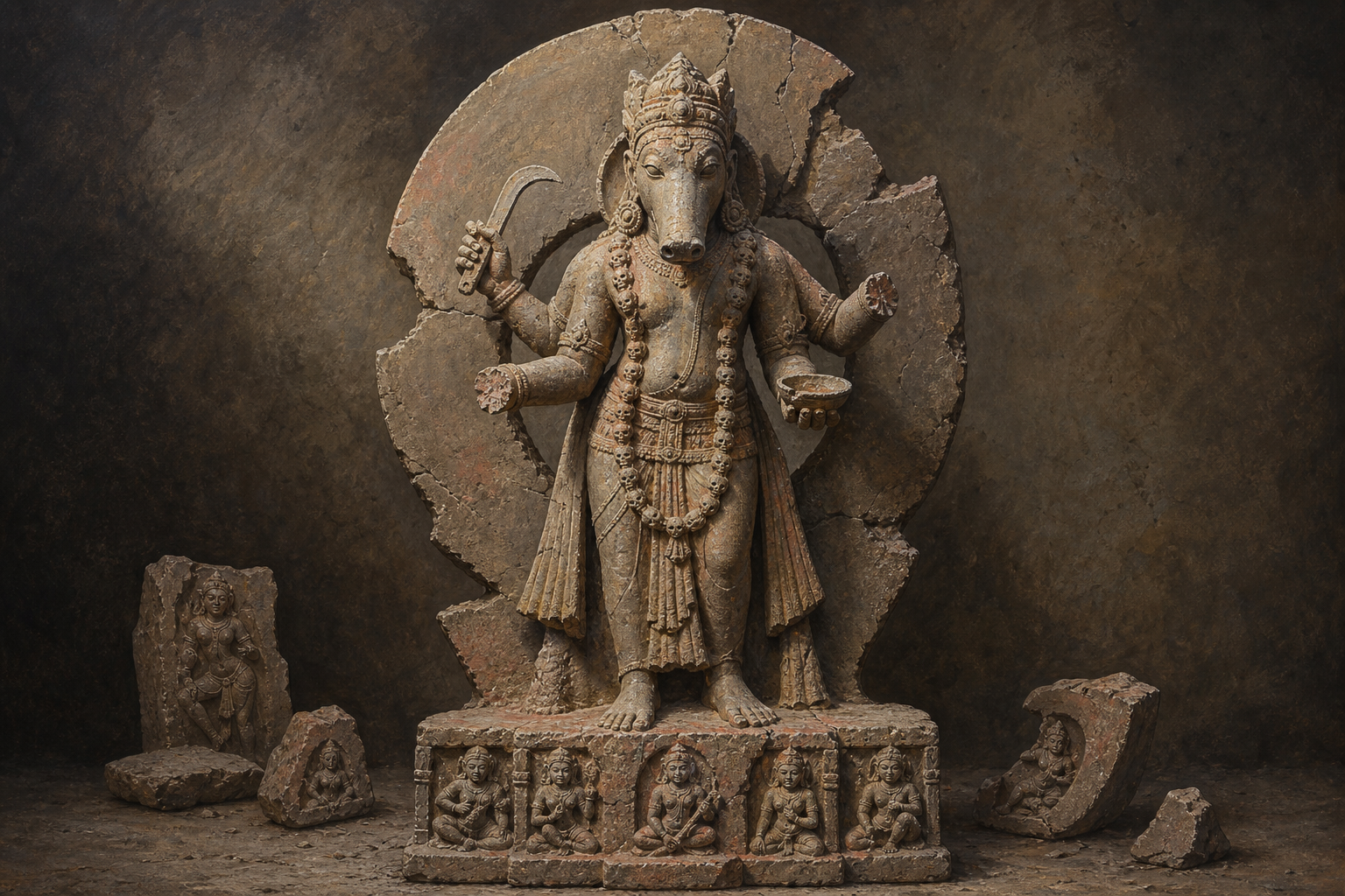 A complete weathered stone sculpture of an animal-faced, multi-armed Goddess showing damaged hands, ritual objects, attendants, halo, and carved pedestal.