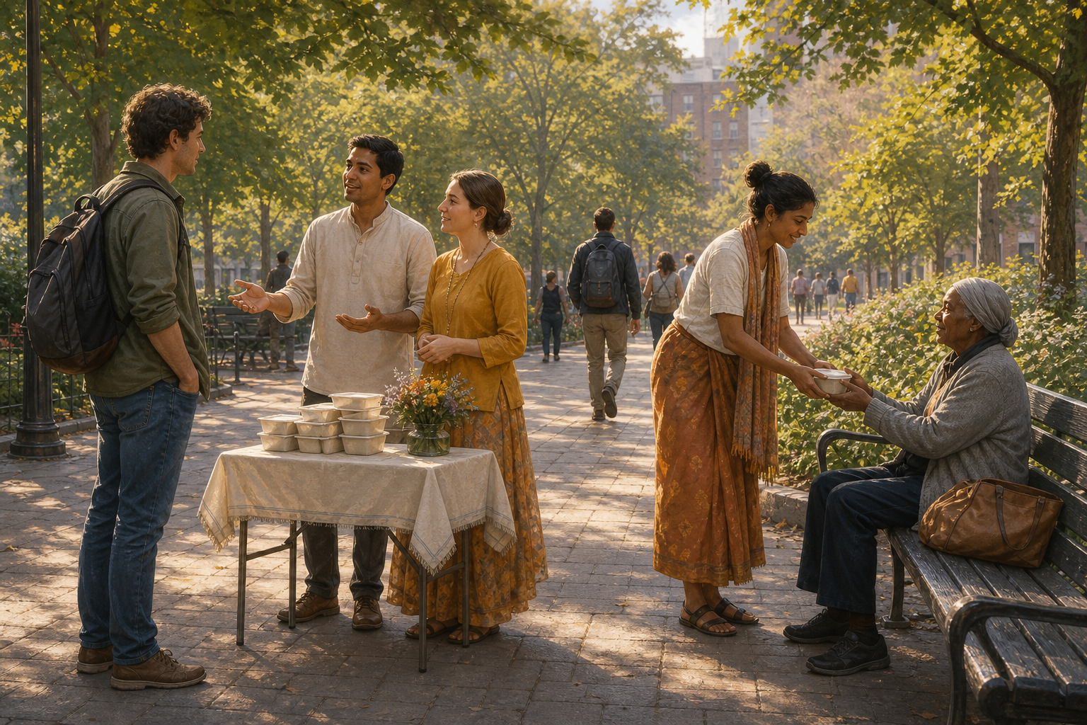 Bhakti volunteers listen to a passerby and offer refreshments at a small table in a public park.