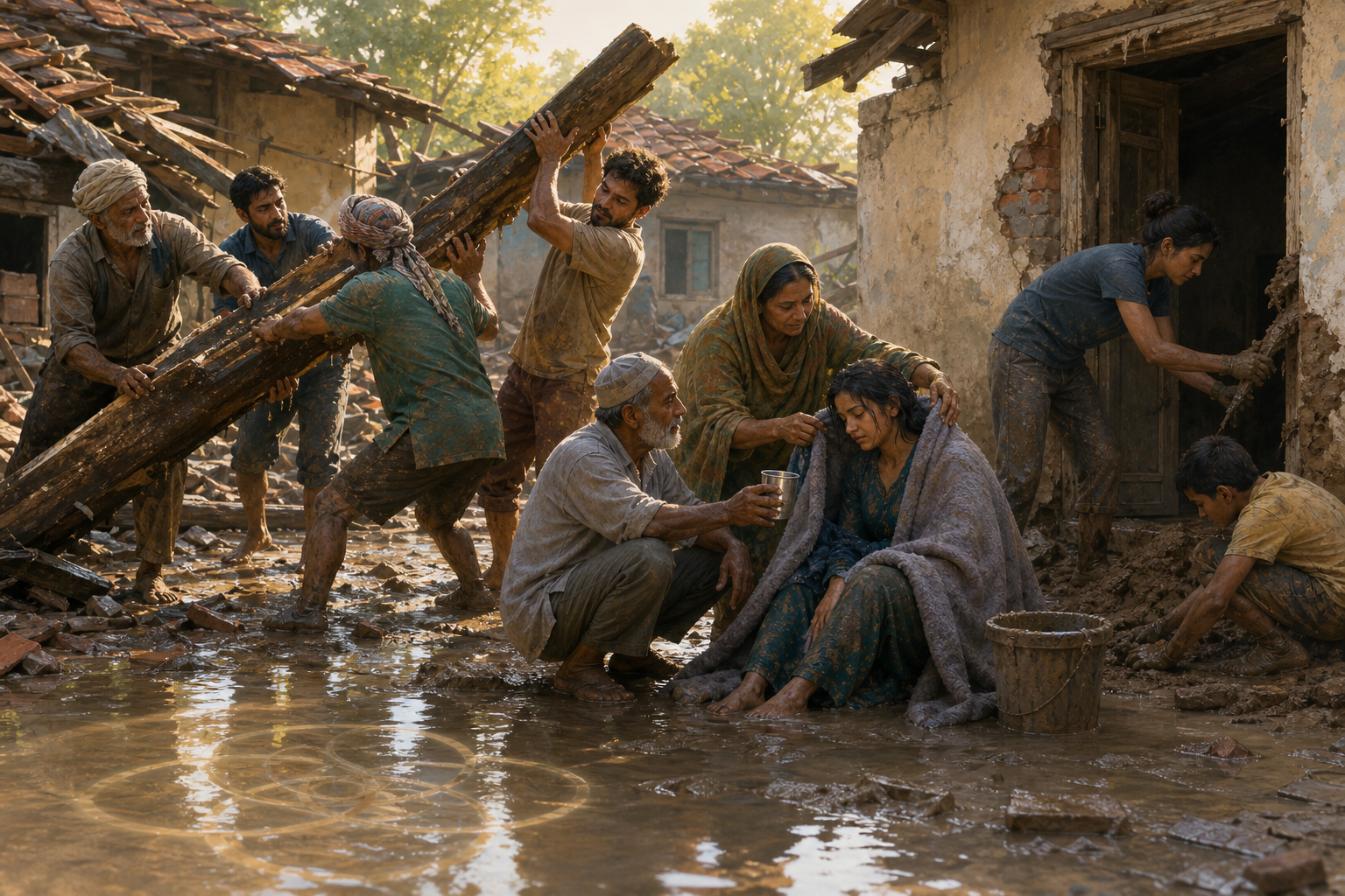 Neighbors help one another in a rain-damaged courtyard by lifting debris, offering water, providing a blanket, and clearing mud.