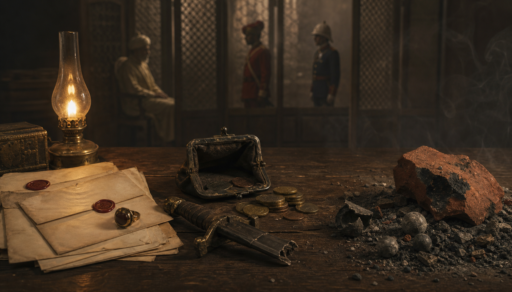 A Mughal signet, sealed papers, an empty purse, a broken sword, musket balls, and scorched stone are arranged in three groups on a dark table.