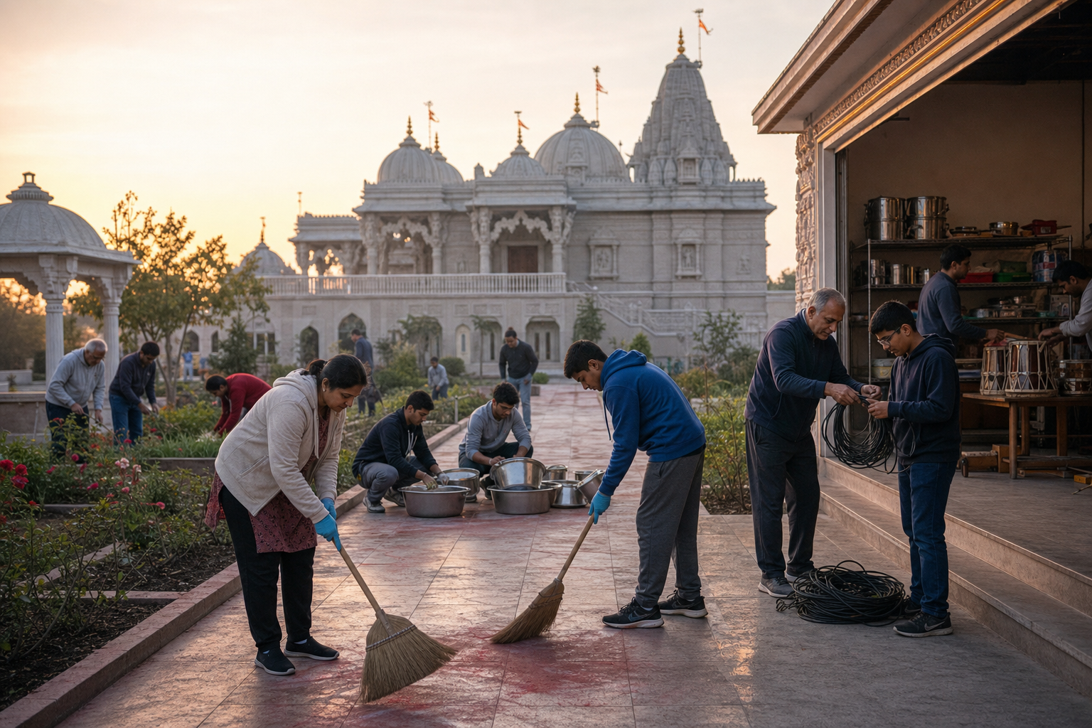 Volunteers of several generations clean festival grounds, wash serving vessels, organize equipment, and tend a garden beside a Hindu temple at dawn.