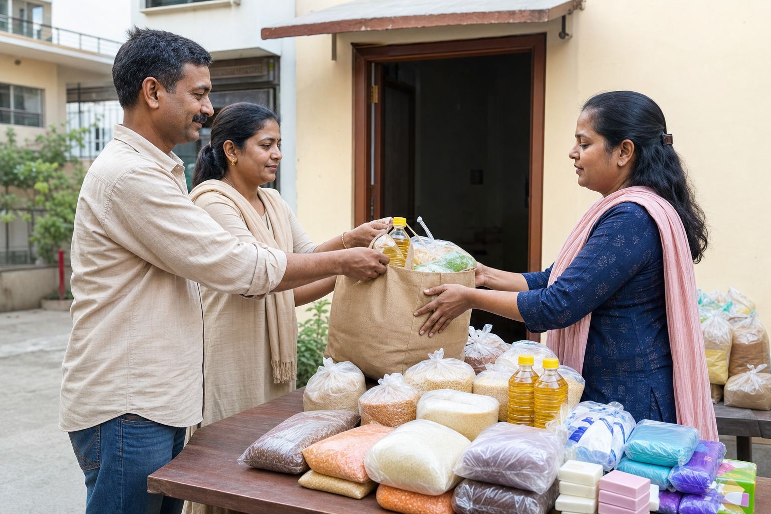 Householders hand a reusable bag of staple foods to a community organizer beside neatly sorted donation supplies.