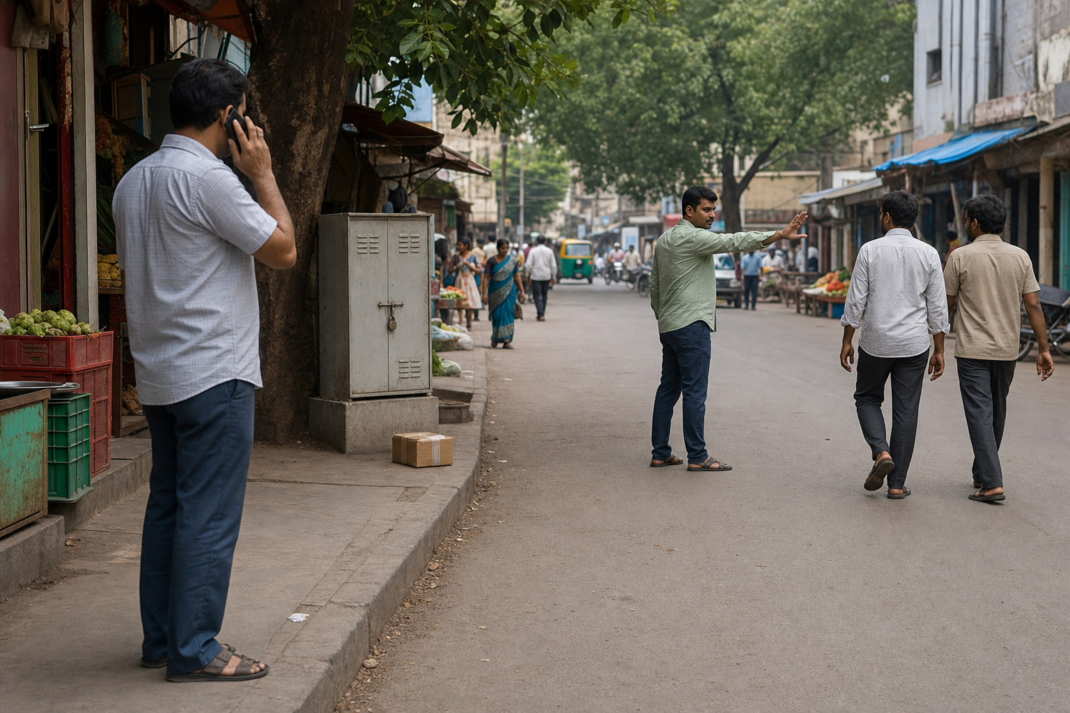 A shopkeeper calls police from a safe distance while another person guides pedestrians away from an unattended parcel in an Indian market.
