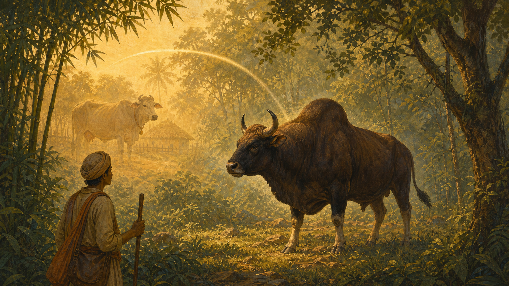 A traveler in a misty forest sees a dark wild bovine while a softly rendered memory of a domestic cow appears behind him.