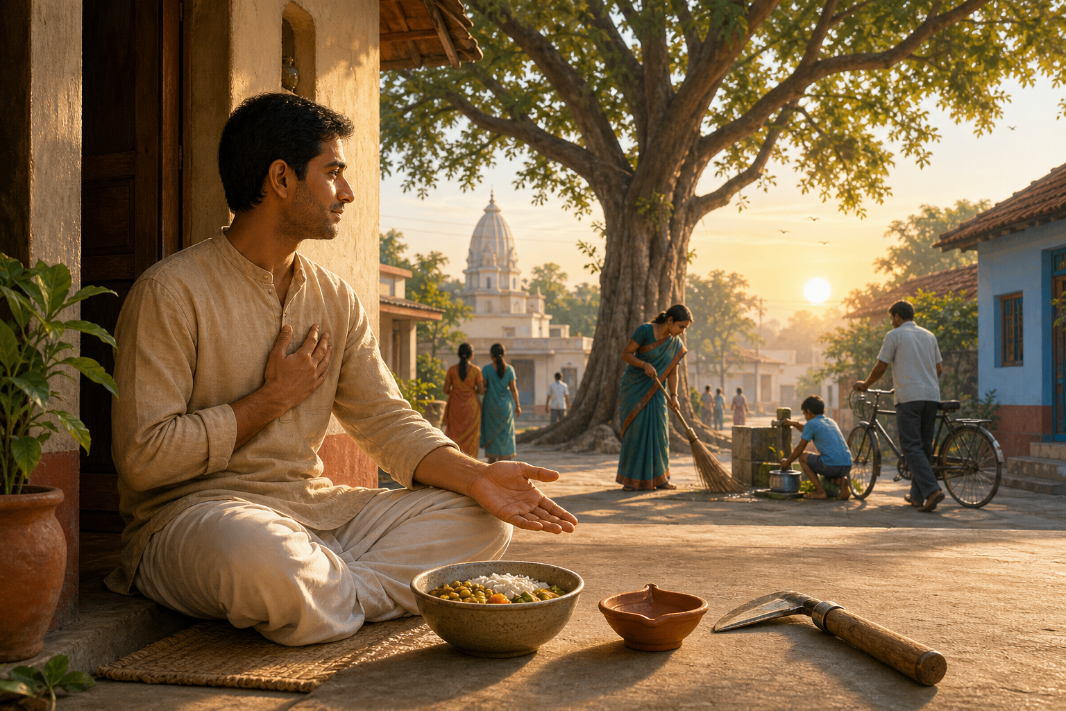 At sunrise, a person pauses at a home threshold beside a bowl of food, a clay lamp, and a work tool as neighbors begin their daily tasks.