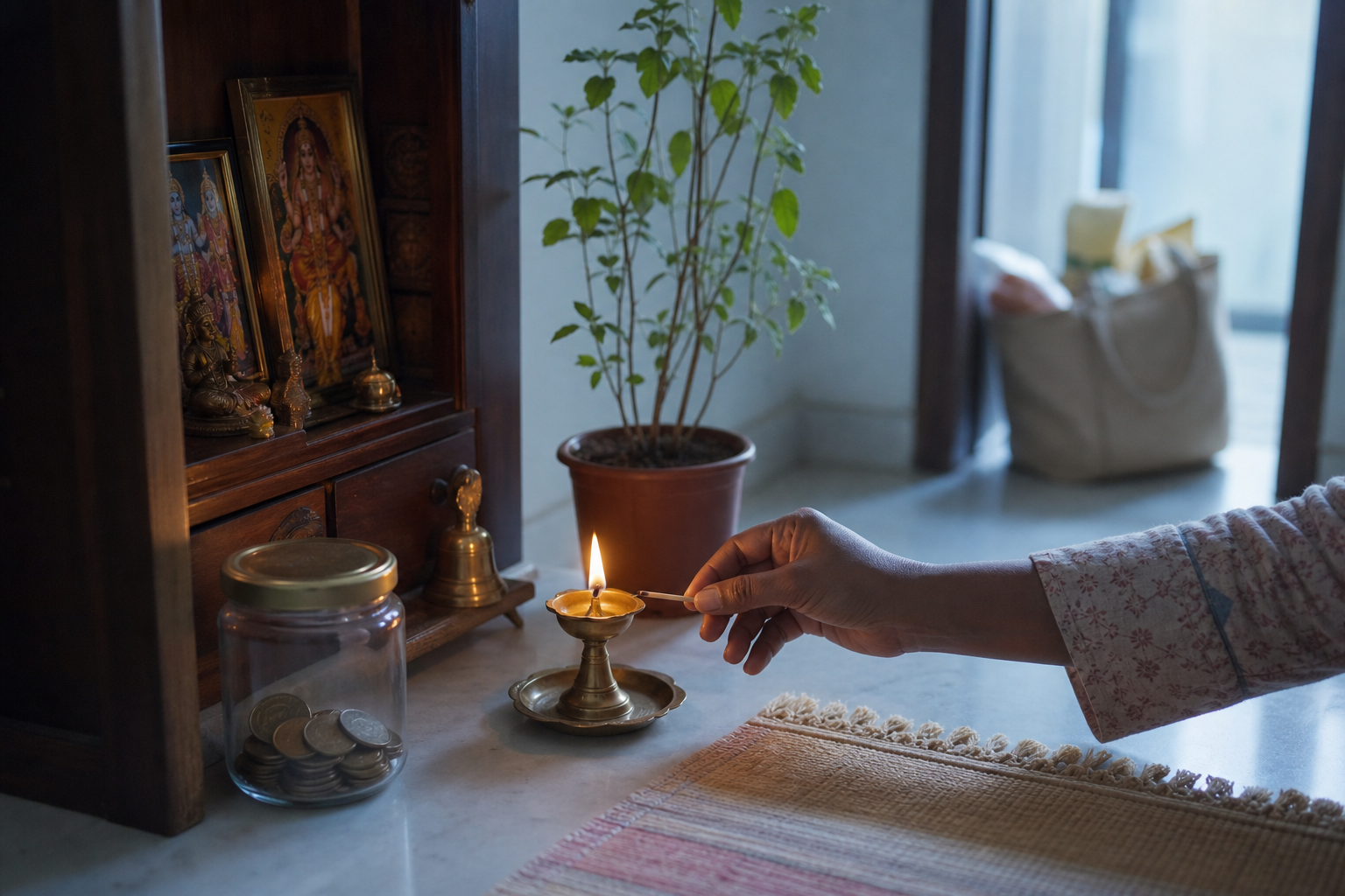A hand lights a brass lamp beside a tulsi plant and an unlabeled donation jar, with a bag of staple foods near the doorway.