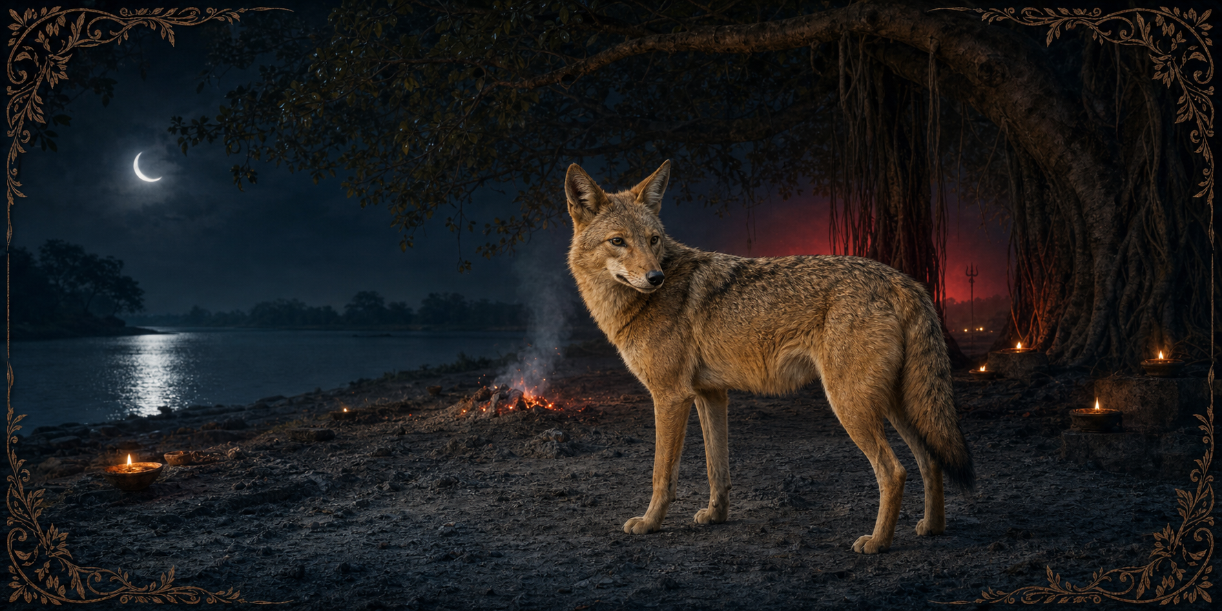 A calm golden jackal stands in a moonlit ash-covered clearing near ritual embers, clay lamps, a banyan tree, and a dark river.