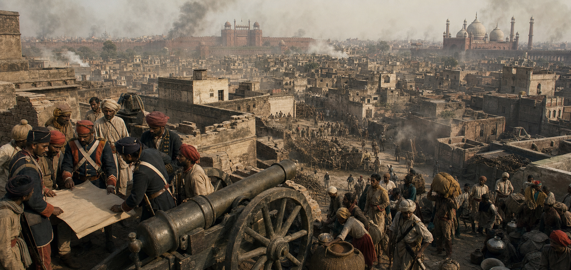 Exhausted sepoys, civilian porters, a damaged cannon, and improvised barricades fill a smoky Delhi street during the siege of 1857.