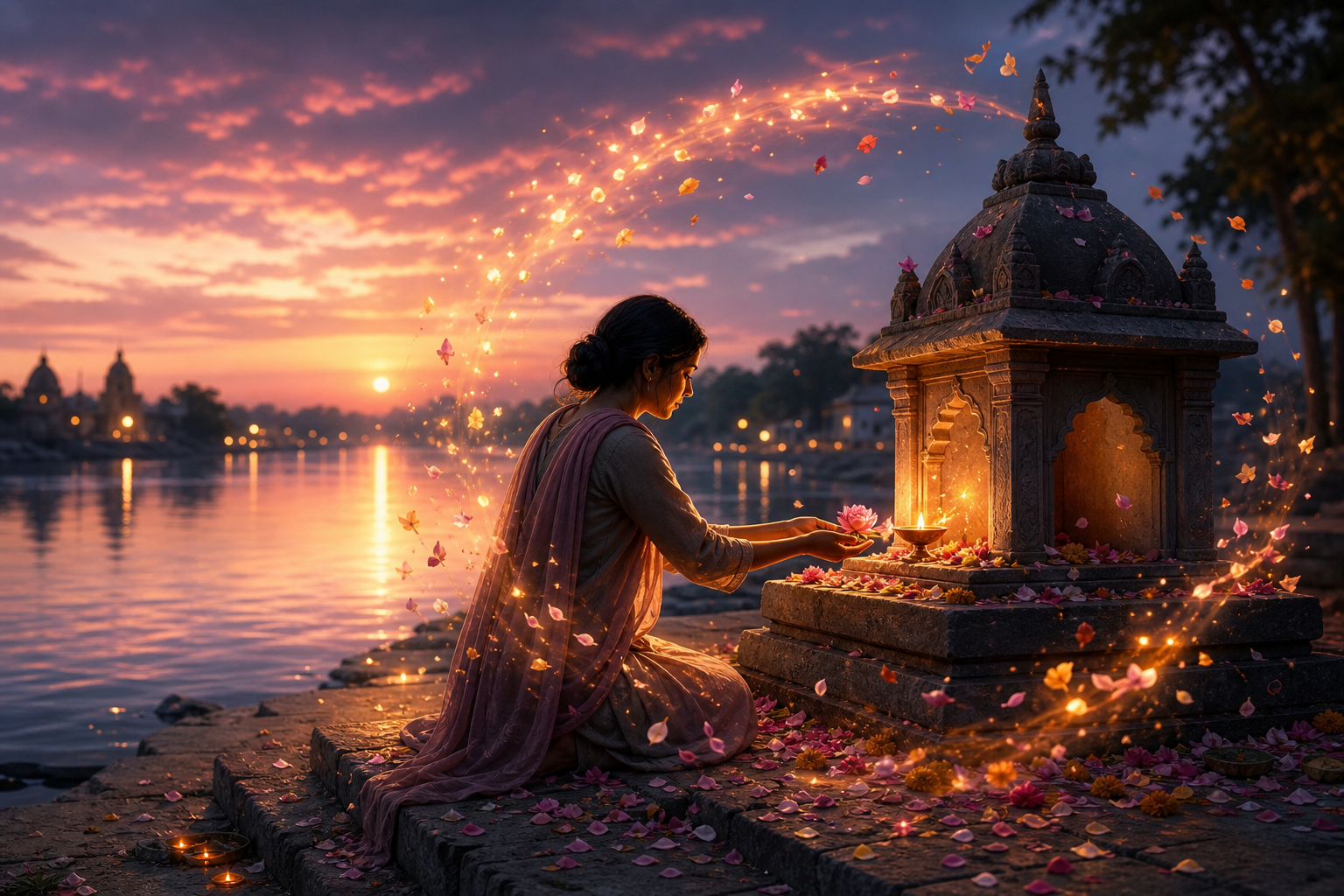 A devotee offers a flower and oil lamp at a riverside shrine as illuminated petals drift back on the evening breeze.