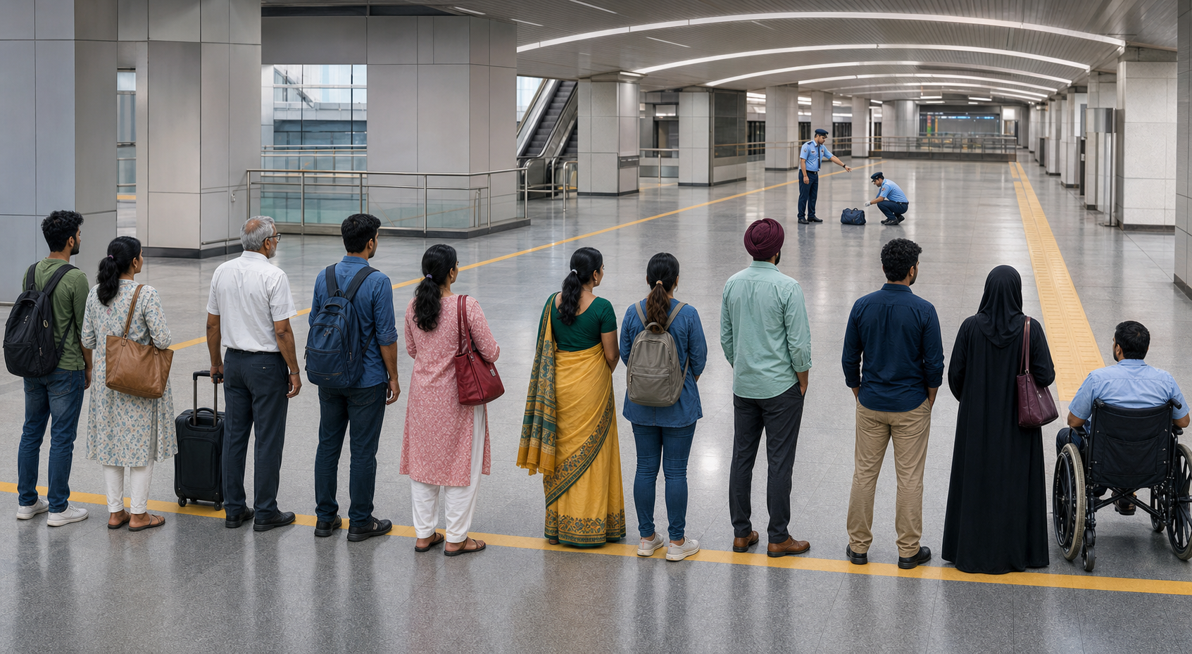 A diverse group of commuters waits together at a safe distance while security personnel assess an unattended bag in a metro concourse.