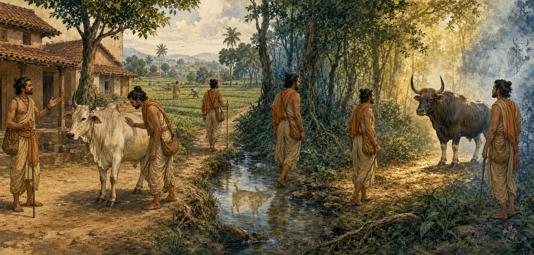 Five connected scenes show a traveler hearing a cow-based description, observing the cow, entering a forest, seeing a gavaya, and recognizing the resemblance.