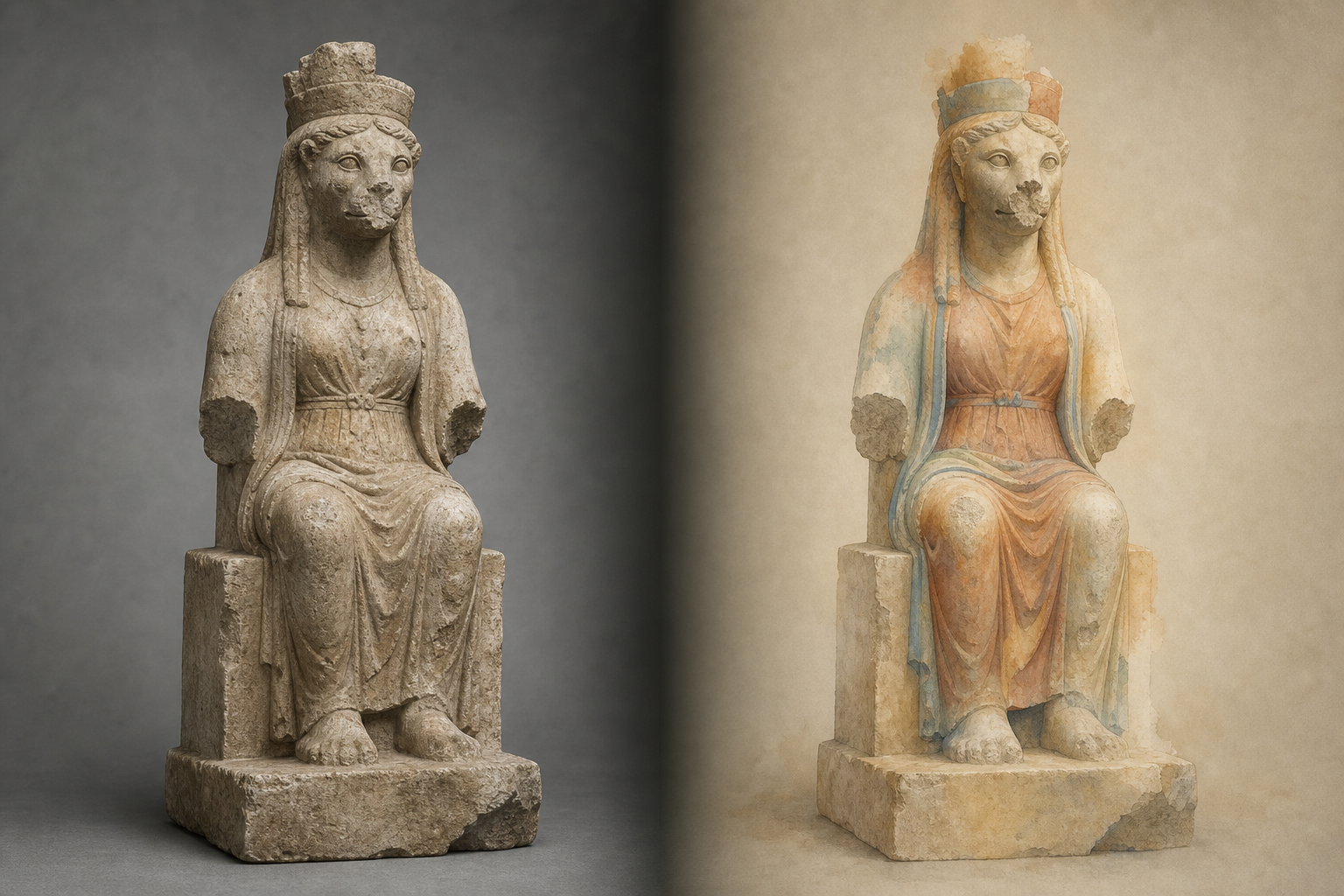 Side-by-side editorial view of a damaged animal-faced Goddess sculpture and a translucent reconstruction whose uncertain missing features fade away.