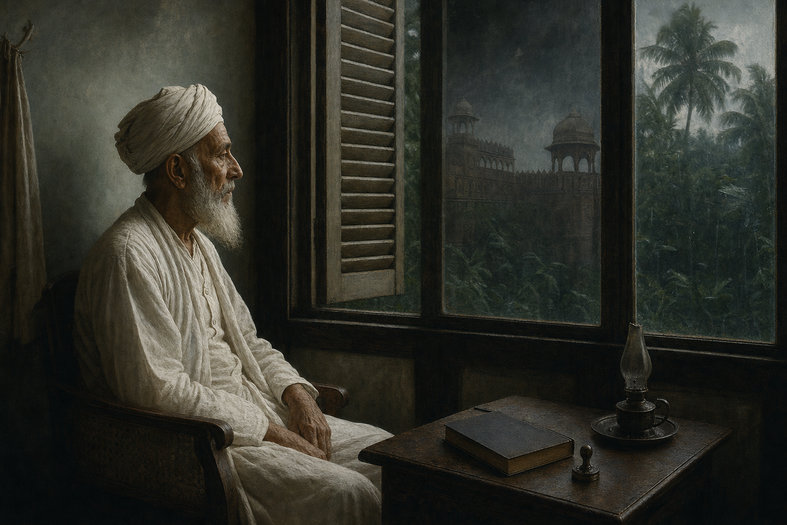 An elderly Bahadur Shah Zafar sits beside a shuttered window in a sparse exile room, with a closed notebook and personal seal on a low table.