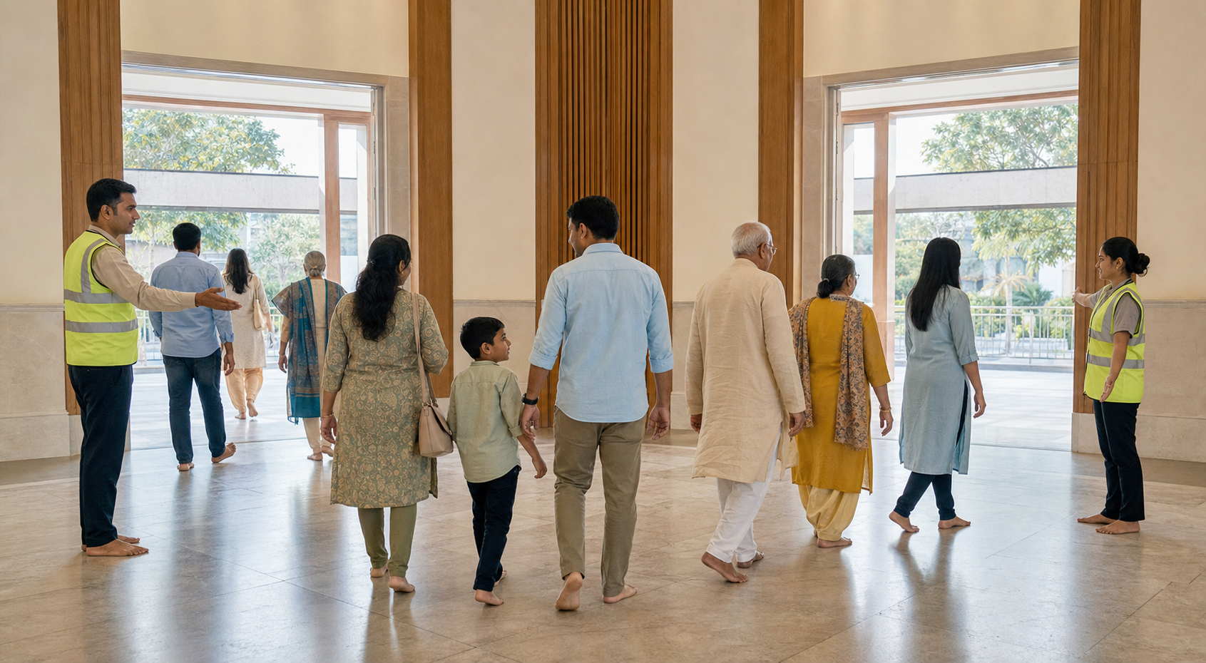 Families and volunteers practice an orderly evacuation walkthrough inside an Indian place of worship with clear, unobstructed exits.