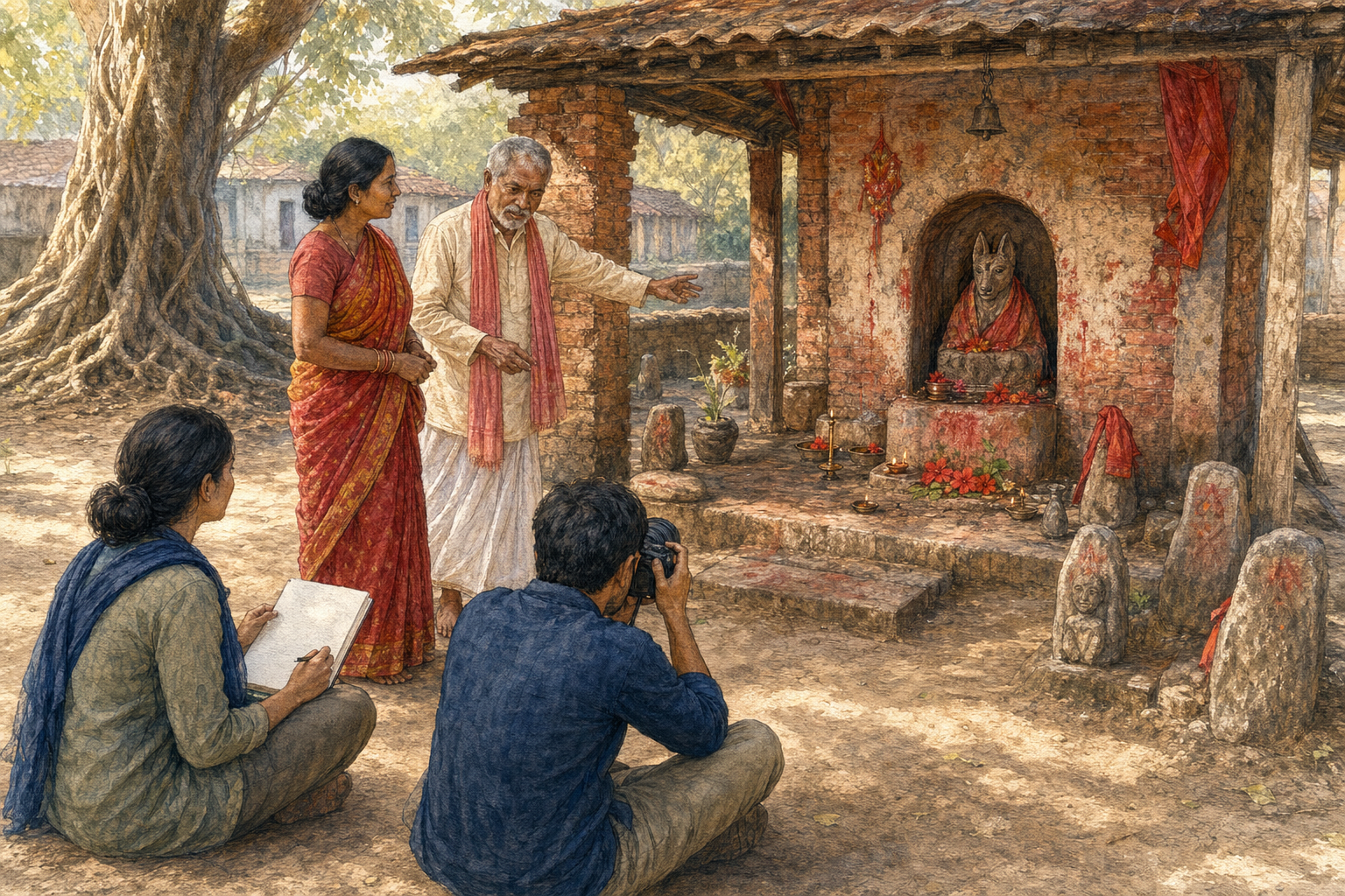 Community custodians and researchers document a small animal-faced stone icon in its rural shrine with lamps, flowers, guardian stones, and courtyard context visible.