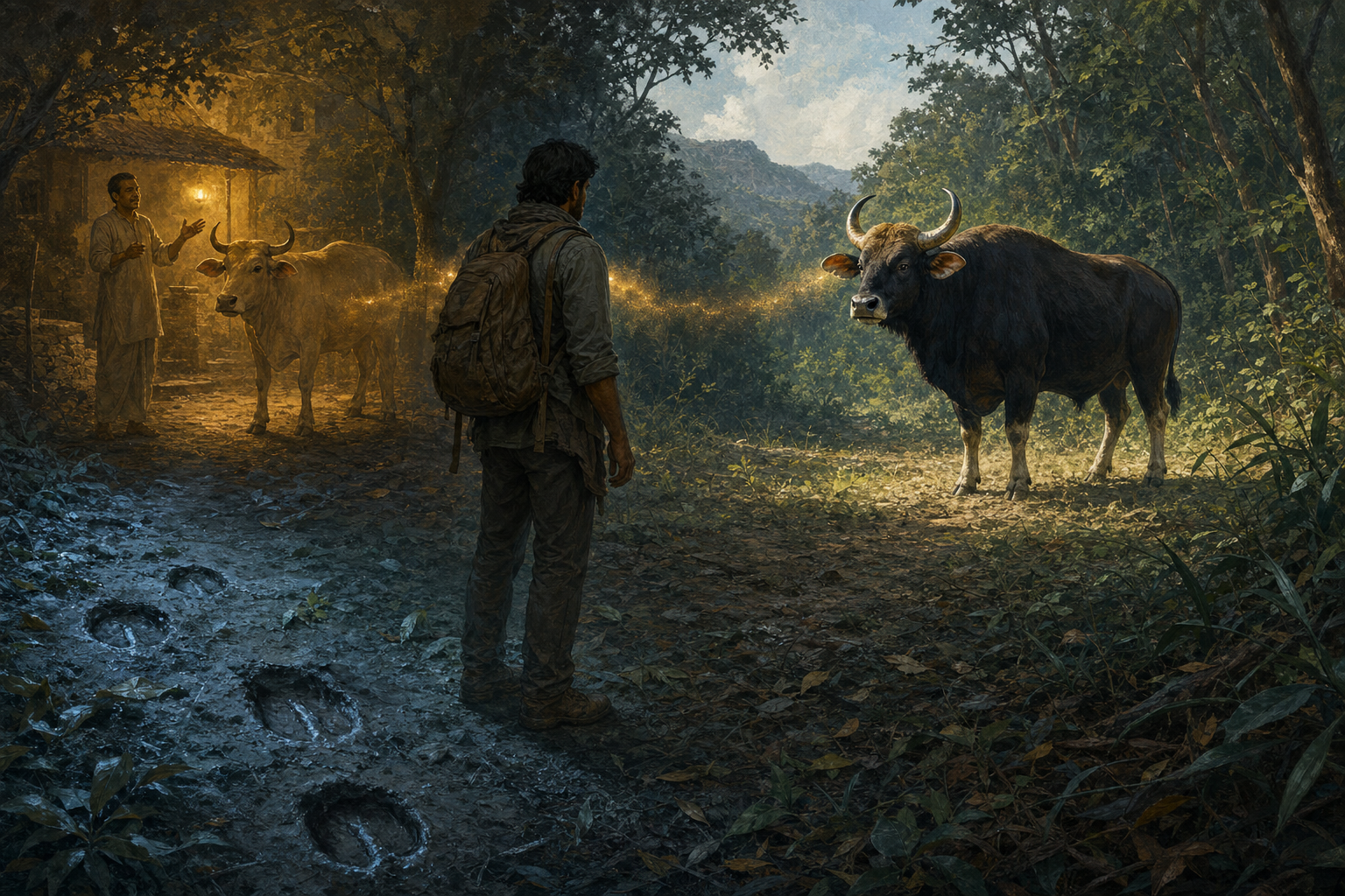 A traveler observes a gavaya as separate areas of light reveal the animal, a remembered speaker beside a cow, and hoofprints on the forest floor.
