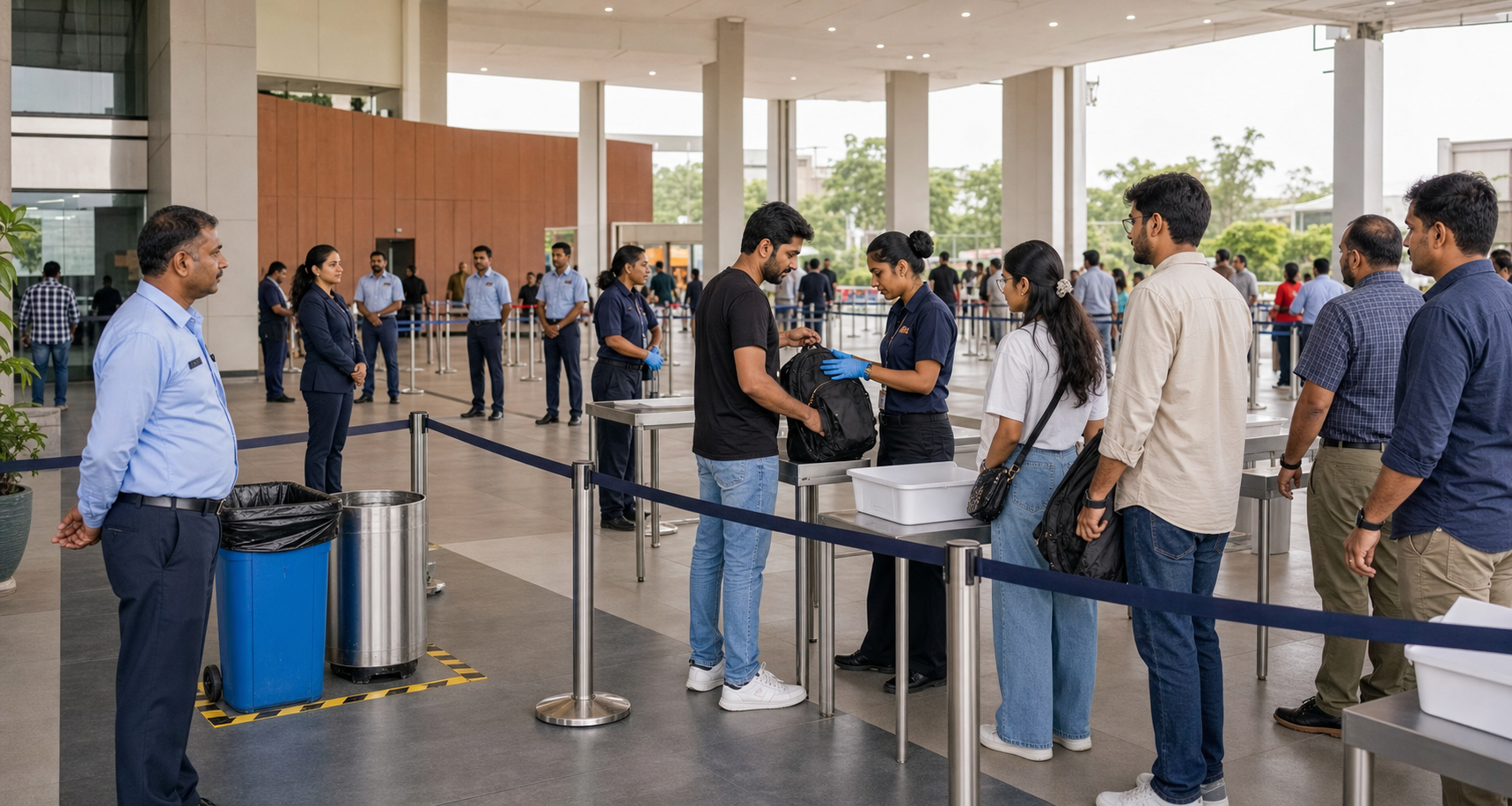 Security staff manage an orderly bag-screening entrance at a public venue in India while visitors wait calmly.