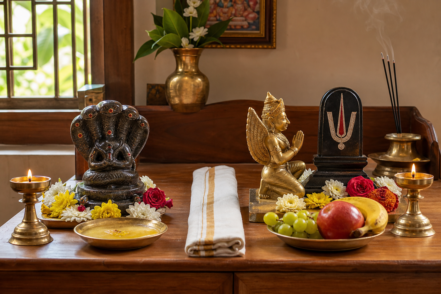 Two separate home altar arrangements for Naga and Garuda Panchami, with a stone naga image, a brass Garuda figure, flowers, lamps, fruit, and offering bowls.