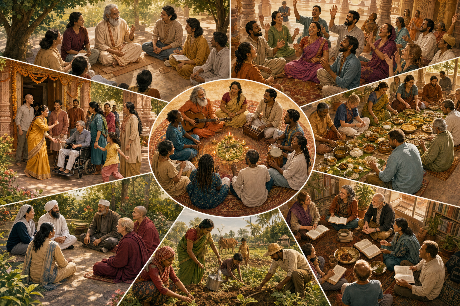 Seven connected scenes show devotional music, study, meal sharing, rural stewardship, dialogue and community life around a central gathering.