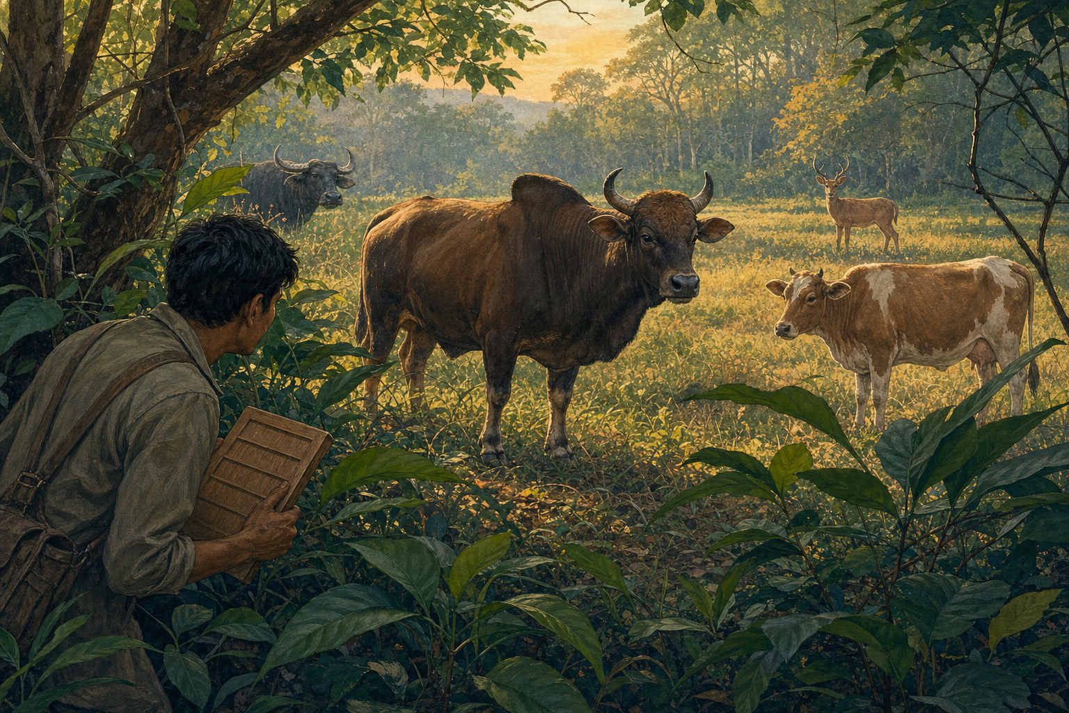 An observer studies a gavaya and compares its visible features with a cow, a buffalo, and a deer in a forest meadow.