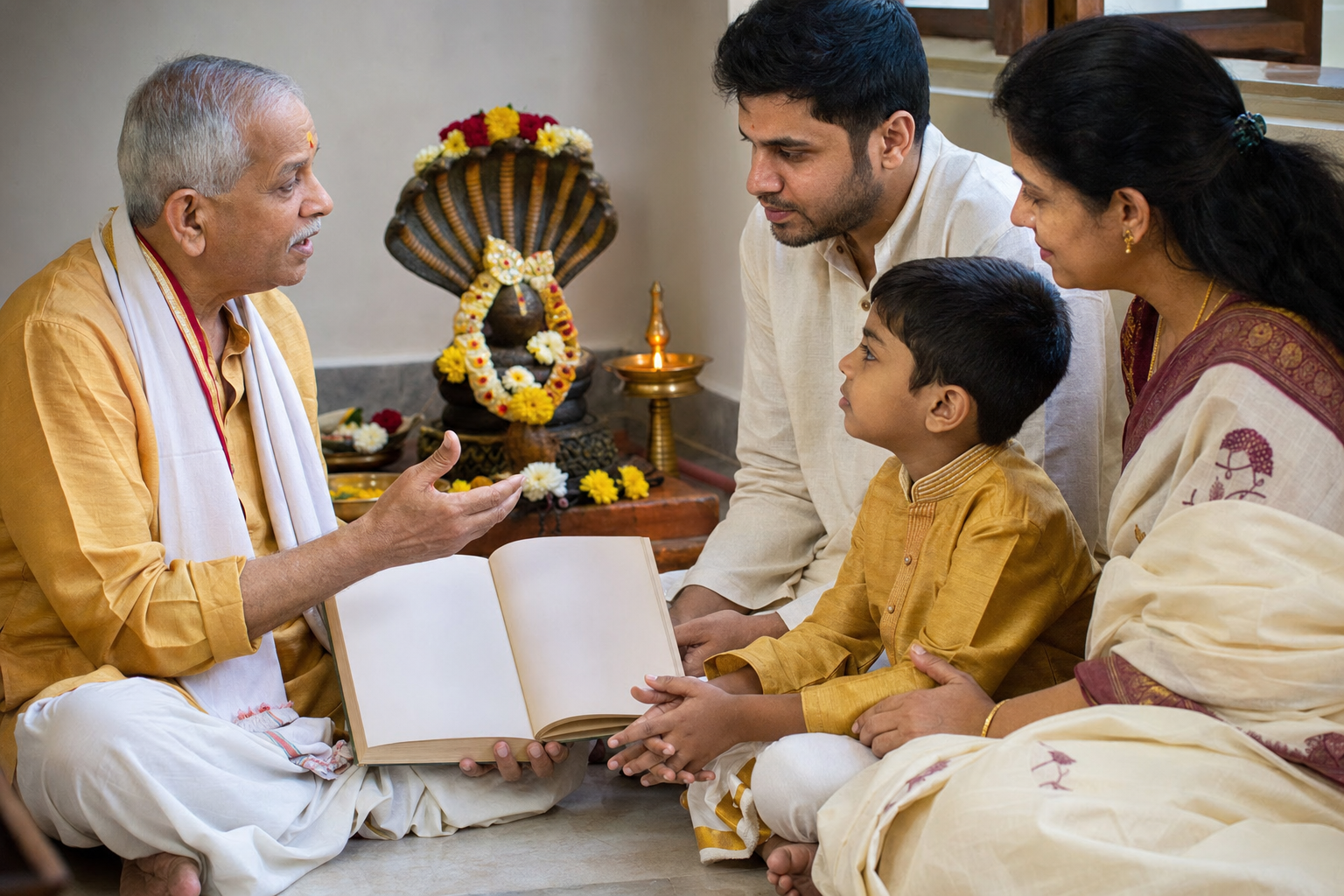 An elder narrates a Naga Panchami story to family members beside a flower-decorated naga image and a lit oil lamp.