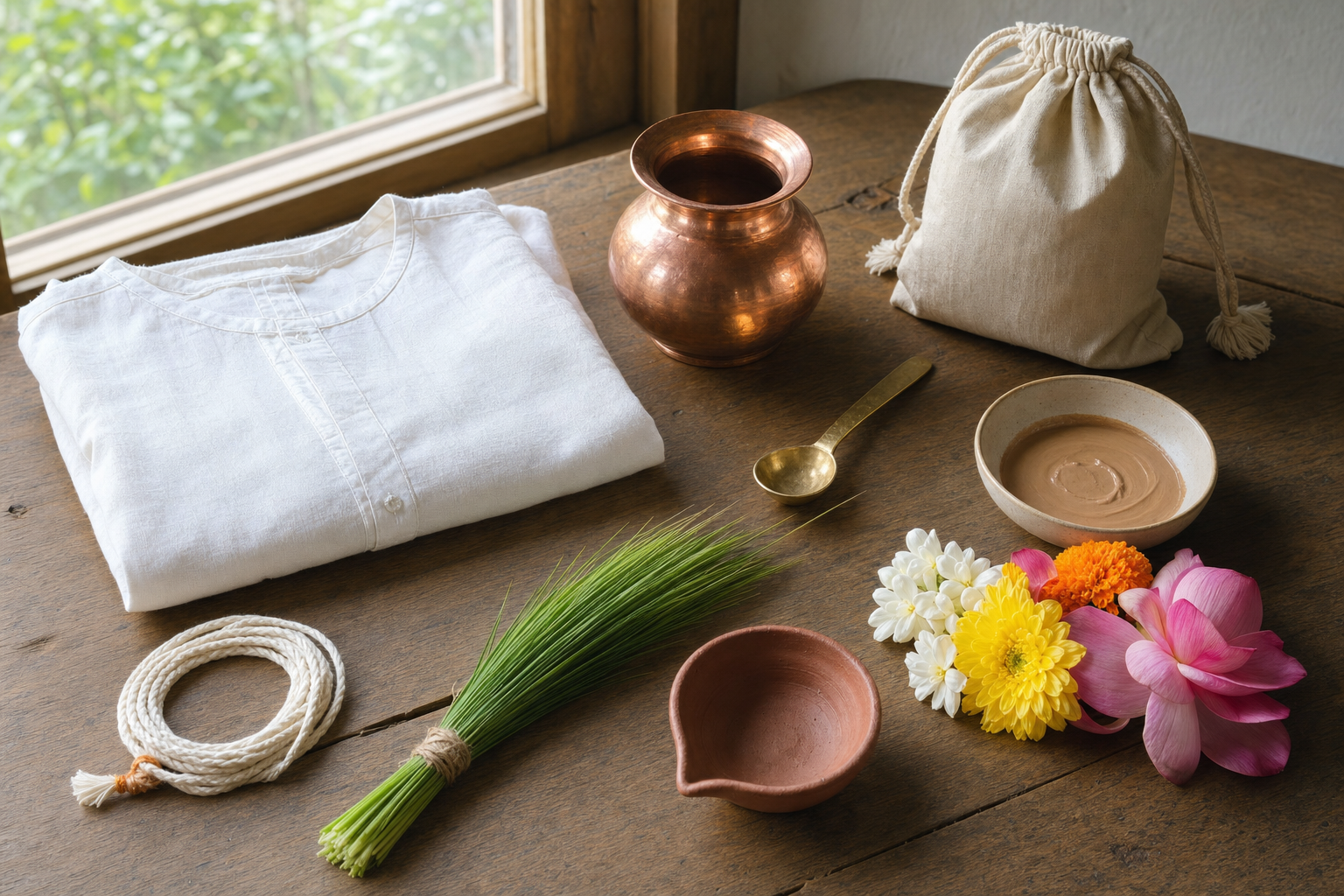 A folded white garment, sacred thread, darbha grass, copper vessels, lamp, flowers, and sandalwood are arranged for ritual preparation.