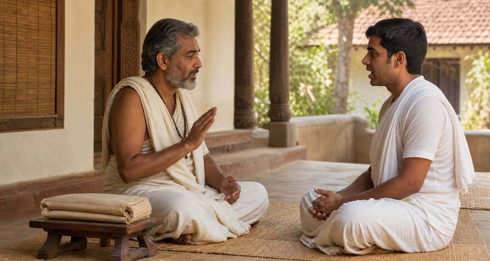 A teacher guides an adult student in oral Vedic recitation while a wrapped manuscript rests on a low stand.